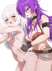 2girls absurdres alternate_costume bare_arms bare_shoulders behind_another bikini black_bikini black_choker black_gloves blush breasts brown_hair choker cleavage collarbone commentary_request deep_skin female_shez_(fire_emblem) female_shez_(summer)_(fire_emblem) fingerless_gloves fire_emblem fire_emblem:_three_houses fire_emblem_heroes fire_emblem_warriors:_three_hopes flat_chest gloves half-closed_eyes heavy_breathing highres large_breasts long_hair lysithea_von_ordelia m_k micro_bikini multiple_girls navel official_alternate_costume open_mouth petite purple_eyes purple_hair simple_background stomach sweat swimsuit thighs torso_grab very_sweaty white_background white_bikini white_hair yuri