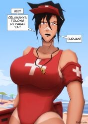 1girls angry artist_name ass athletic athletic_female beach big_ass big_breasts big_butt black_hair blush butt cap dark-skinned_female defal_hady_(artist) from_behind hat illia illia_(defal_hady) indonesian indonesian_text large_breasts lifeguard lifeguard_hat lifeguard_swimsuit lifeguard_tower muscular muscular_female oc one-piece_swimsuit original original_character purple_eyes red_swimsuit scar scar_on_face short_hair summer tan_body tan_skin tanline tomboy toned toned_female watermark whistle_(object)