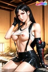 1girl ai_assisted ai_generated arm_support bangs bare_shoulders black_gloves black_hair black_skirt breasts closed_mouth clothes_lift collarbone crop_top dangle_earrings earrings elbow_gloves elbow_pads final_fantasy final_fantasy_vii fingerless_gloves gloves jewelry large_breasts lips long_hair looking_at_viewer low-tied_long_hair miniskirt navel nipples no_panties onsen outdoors patreon pleated_skirt pussy red_eyes rock see-through shirt shirt_lift sitting skirt smile solo stelmazura stomach suspender_skirt suspenders tank_top tifa_lockhart water wet wet_clothes wet_shirt white_tank_top