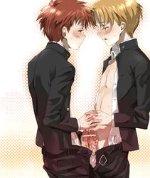 2boys blonde_hair brown_hair censored cum face_to_face frottage gakuran gay hand_holding highres human male male_only multiple_boys open_clothes open_shirt penis penises_touching pink_eyes pointless_censoring school school_uniform schoolboy shirt standing unzipped yaoi yellow_eyes