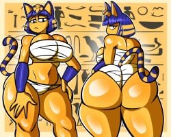 animal_crossing ankha ankha_(animal_crossing) anthro back_view big_ass big_breasts blue_hair bracelets captain_dagon cat_ears cat_girl cat_tail color egyptian_headdress feline female_only furry_female hand_on_hip hand_on_thigh hi_res hieroglyphics looking_at_viewer looking_back neko nintendo serious_look sexy_body sexy_pose shiny_skin short_hair solo_female striped_tail thick_thighs topwear underwear voluptuous wide_hips yellow_body