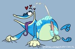 accurate_art_style accurate_body_type alternate_version_available amphibian big_mouth blue_body blue_skin caressing cum cumming cumming_from_masturbation disembodied_hand disembodied_hands globox laying_down long_tongue male male_only masturbation penis rayman_(series) rayman_origins solo srirachamander tagme textless_version ubisoft