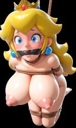 1girl 1girls 3d 3d_(artwork) ai_generated big_breasts big_nipples black_background blonde_female blonde_hair blue_eyes crown crying female female_only fully_nude gag huge_breasts kidnapped kidnapping large_breasts long_hair mario_(series) naked naked_female nintendo nipples nude nude_female princess_peach puffy_nipples restrained rope rope_bondage simple_background super_mario_bros. suspended_in_midair tagme