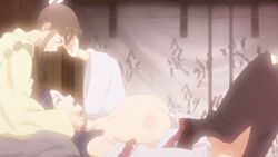 10s 1boy 1girl 1girls 2019 age_difference animated animated_gif bare_shoulders blue_hair blunt_ends breasts breathing brown_hair brown_pants choker cleavage clothing_cutout collarbone female frilled_kimono frills furisode green_eyes han'eri hand_on_another's_head hand_under_clothes heian high_ponytail japanese_clothes kimono kimono_pull lap_pillow large_breasts long_hair looking_at_another lying monk nipples older_female_and_younger_male on_back pants parted_bangs ponytail purple_eyes removing_kimono shaga shakujou shikkoku_no_shaga shikkoku_no_shaga_the_animation short_kimono sidelocks staff tagme tall_female thigh_cutout thighs unworn_kimono ushiwaka_(shikkoku_no_shaga) very_long_hair warrior white_kimono wide_sleeves