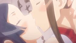 10s 1boy 1girl 1girls 2019 age_difference animated animated_gif arms_around_neck bare_shoulders blue_hair blunt_ends blush breasts brown_hair choker cleavage closed_eyes female french_kiss frilled_kimono frills furisode han'eri heian hug japanese_clothes kimono kiss long_hair lying monk older_female_and_younger_male on_back parted_bangs shaga shakujou shikkoku_no_shaga shikkoku_no_shaga_the_animation short_kimono sidelocks staff tagme tall_female ushiwaka_(shikkoku_no_shaga) very_long_hair warrior white_kimono