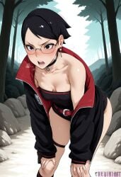1girl ai_generated bare_shoulders belt bent_over black_choker black_eyes black_hair black_jacket blush boruto boruto:_naruto_next_generations boruto:_two_blue_vortex breasts breath choker cleavage collarbone day earrings forest glasses hands_on_own_knees jacket jewelry leaning_forward long_sleeves looking_at_viewer medium_breasts naruto naruto_(series) naruto_shippuden nature off_shoulder open_clothes open_jacket open_mouth outdoors red_belt reviaiart rimless_eyewear round_eyewear sarada_uchiha short_hair shorts skindentation small_breasts socks solo standing strapless sweat teeth thigh_strap thighs tree