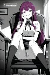 1girl ai_assisted ai_generated beautiful day dress general grayscale grin high_contrast highres indoors long_hair looking_at_viewer no_nose official_art perfect_anatomy purple_eyes purple_hair pussy sharp_teeth sitting_on_chair slit_pupils smug socks upskirt_view