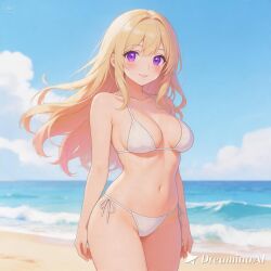 ai_generated bikini blonde_hair massive_breasts purple_eyes voluptuous_body