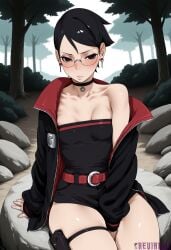 1girl ai_generated bare_shoulders belt between_legs black_choker black_eyes black_hair black_jacket blush boruto boruto:_naruto_next_generations boruto:_two_blue_vortex breasts choker cleavage closed_mouth collarbone day earrings forest glasses hand_between_legs holster jacket jewelry long_sleeves looking_at_viewer naruto naruto_(series) naruto_shippuden nature off_shoulder open_clothes open_jacket outdoors red_belt reviaiart rimless_eyewear rock round_eyewear sarada_uchiha short_hair sitting skindentation small_breasts solo strapless strapless_dress thigh_strap thighs tree