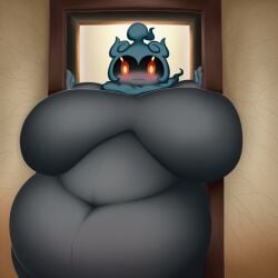ai ai_art ai_generated anthro anthropomorphic big_belly big_boobs big_breasts big_tummy boobs breasts cracked_wall cracks fat fat_girl female lazybonesai legendary_pokemon marshadow mythical_pokemon pokemon pokemon_(species) pokemorph squished stuck stuck_in_wall thicc thick