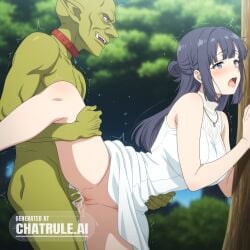 1girl ai_assisted ai_generated anime_screencap black_hair blue_eyes cock_in_pussy collar cowgirl creampie embarrassed hair_bun inside jewelry leaning_forward mature_female moaning outside parted_bangs pussy_sex saliva shaking side_view single_hair_bun spread_legs standing_doggystyle tree