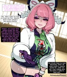 1girl ai_generated asymmetrical_legwear big_ass blush bracelet breasts bubble_butt collared_shirt comic comic_page curvy drill_hair english_text eyeshadow flipped_hair fur_coat fur_jacket game_freak gloves gym_leader hair_bow half-closed_eyes highres huge_breasts jacket jewelry klara_(pokemon) large_breasts lipstick looking_at_viewer makeup mismatched_legwear mole mole_under_mouth multiple_panels nintendo nintendo_switch patreon patreon_username phanary pink_eyeshadow pink_hair pink_lips player_character pokemon pokemon_sm pokemon_ss pokemon_sv pokemon_swsh print_shirt print_shorts print_thighhighs purple_eyes purple_gloves shaded_face shirt short_hair shorts smile solo speech_bubble thick thighhighs thighs twin_drills victor_(pokemon) white_jacket