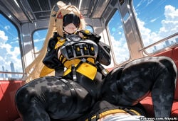 1boy 1girl ai_assisted ai_generated animal_print black_gloves blonde_hair blue_sky bodysuit breasts cloud curvaceous curvy curvy_female curvy_figure day female gloves gun large_breasts long_hair miyuai mole ponytail sitting sky smile thick thick_ass thick_butt thick_hips thick_legs thick_thighs thighs trigger_(zenless_zone_zero) voluptuous voluptuous_female weapon wide_hips wide_thighs zenless_zone_zero