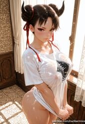 1girl ai_generated artist_name ass black_hair blush bottomless breasts brown_eyes brown_hair carpet chun-li closed_mouth collarbone covered_nipples curtains day double_bun eyeshadow hair_bun hair_ribbon horns indoors kermixx large_breasts lips looking_at_viewer makeup naked_shirt nipples no_bra patreon_username red_ribbon ribbon see-through see-through_shirt shiny_skin shirt shirt_tug short_hair short_sleeves solo standing street_fighter sunlight t-shirt thighs web_address wet wet_clothes wet_shirt white_shirt window