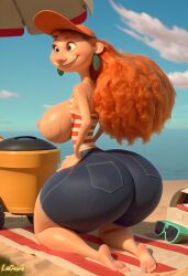 3d ai_generated ass beach big_ass big_breasts breasts curvaceous curvy curvy_female curvy_figure exposed_breasts hourglass_figure inner_workings kate_(inner_workings) lucasai massive_ass massive_breasts nipples on_her_knees pink_nipples red_hair shorts solo solo_female solo_focus sweat sweating thick_thighs voluptuous voluptuous_body voluptuous_female wide_hips