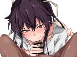 1boy 1girl absurdres bar_censor black_hair censored cleanup_fellatio commentary_request dark-skinned_male dark_skin ekibyoudayo fellatio hair_ribbon hetero highres kanzaki_kaori long_hair oral paid_reward_available penis ponytail pov purple_eyes ribbon shirt textless_version toaru_majutsu_no_index white_background white_ribbon white_shirt