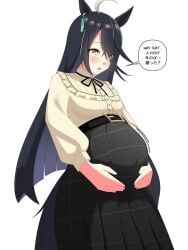 baby_kicking belt black_hair blush bowtie clothed cygames ear_ring fetal_movement hands_on_belly holding_belly manhattan_cafe_(umamusume) pregnancy pregnant pregnant_female skirt surprised surprised_expression text text_bubble umamusume umamusume:_beginning_of_a_new_era umamusume_pretty_derby white_skin