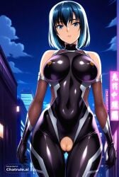 1girl absurd_res ai_assisted ai_generated armor bare_shoulders black_bodysuit black_stockings blue_eyes blue_hair city cityscape clouds cowboy_shot crotchless curvy dark_theme detailed_pussy elbow_gloves fishnets gloves high_contrast high_res kagami_hirotaka koukawa_oboro looking_at_viewer neon_lights night night_sky outdoors sharp_focus short_hair soft_shading solo source_anime taimanin_asagi_zero taimanin_suit thigh_gap visible_pussy white_trim