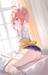 1girl big_ass blue_archive blush halo natsu_(band)_(blue_archive) natsu_(blue_archive) panties pink_hair skirt solo