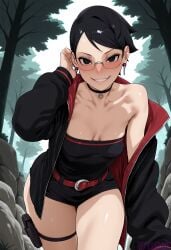 1girl ai_generated bare_shoulders belt black_choker black_eyes black_hair black_jacket blush boruto boruto:_naruto_next_generations boruto:_two_blue_vortex breasts choker cleavage collarbone cowboy_shot day earrings forest glasses grin holster jacket jewelry leaning_forward long_sleeves looking_at_viewer medium_breasts naruto naruto_(series) naruto_shippuden nature off_shoulder open_clothes open_jacket outdoors red_belt reviaiart rimless_eyewear sarada_uchiha short_hair smile solo strapless strapless_dress thigh_holster thigh_strap thighs tree