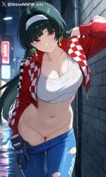 1girls ai_generated astra_yao black_hair looking_at_viewer pussy pussy_juice red_eyes shineinsfw smile solo standing uncensored wet zenless_zone_zero