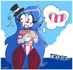 1girls accidental_exposure blightstar blue_hair bowtie clown_girl clown_makeup covering_breasts female flower hands_on_breasts lost_clothes nelljoestar nervous original solo stripes tagme thought_bubble top_hat topless