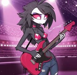 ai_generated anthro avian beak bikini bikini_top blue_jeans choker cigarette cleavage dark_body dark_feathers dark_grey_body electric_guitar feathers focus furry guitar helluva_boss hot instrument looking_down midriff music octavia_(helluva_boss) owl owl_demon owl_girl pants performance playing_guitar red_sclera ripped_pants shirtless skinny slender_waist smoking smoking_cigarette stage white_face white_pupils