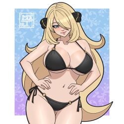 ass_visible_through_thighs belly belly_button big_boobs big_breasts big_tits bikini blonde_female blonde_hair blush blushing boobs breasts cynthia_(pokemon) female female_focus female_only grey_eyes hair_ornament jayladair large_boobs large_breasts large_tits long_hair midriff navel pale-skinned_female pale_skin pokemon pokemon_dppt silver_eyes stomach thigh_gap thong thong_bikini tits titties tummy two-piece_swimsuit