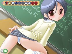 bent_over blue_hair footwear game_cg miniskirt pleated_skirt red_eyes school_uniform short_skirt skirt socks