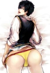 2011 ass ass_focus babyfoxcc big_ass black_hair gintama hijikata_toshiro looking_at_viewer looking_back male male_only mousepad_design on_bed on_stomach shinsengumi_(gintama) sleeves_rolled_up solo underwear yellow_underwear
