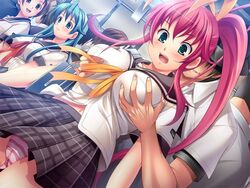 3girls aiganshimai blue_eyes blush breast_grab breasts cameltoe chikan cleavage female female_only game_cg grope honda_naoki huge_breasts imminent_rape mogami_ruu multiple_girls open_eyes panties pervert pink_hair ponytail public school_uniform schoolgirl serafuku smile striped striped_panties tied_hair train_interior underwear