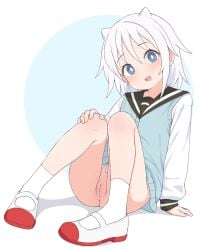 1girl absurdres anus ass blue_eyes bottomless commentary commission highres knees_together_feet_apart light_blush long_sleeves looking_at_viewer medium_hair null-meta open_mouth pixiv_commission pussy school_uniform shoes simple_background sitting smile socks solo takada_shiyuki tooteki uwabaki white_shoes white_socks