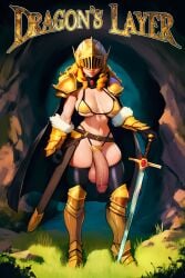 ai_generated big_breasts big_penis bikini cave comic_cover dramatic futa_only futanari knight outdoors sword