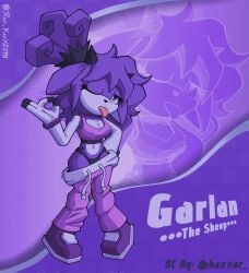 2026 bikini bikini_bottom breasts crop_top garlan_(haxxar) mobian mobian_(species) oc original_character purple_fur purple_hair sheep sheep_girl sonic_oc sweatpants tagme tagme_(artist) thighs wink winking