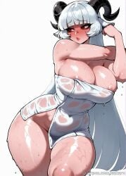 1girls ai_generated animal_ears bangs baphomet_(grizz) bare_shoulders black_horns blunt_bangs blush breasts cleavage covered_navel curvy goat_ears goat_girl goat_horns helltaker horns large_breasts lips long_hair looking_to_the_side mole naked_towel red_eyes sakaro see-through simple_background solo thick_thighs thighs towel very_long_hair wet white_background white_hair wide_hips