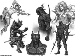 armor breasts bridal_gauntlets cecil_harvey feet female final_fantasy final_fantasy_iv headband helmet long_hair lying male midriff monochrome mugensaku nipples pantyhose polearm pubic_hair rosa_farrell spear squat sword torn_clothes weapon