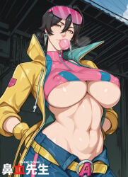 1girls ai_generated belt black_hair bubble_gum buckle crop_top eyewear_on_head fingerless_gloves gloves hanajisensei hip_bones jacket jeans jubilee jubilee_(marvel_rivals) marvel marvel_rivals mature mature_female mature_woman midriff milf navel pants short_hair sleeveless slim_waist solo underboob wide_hips x-men yellow_eyes