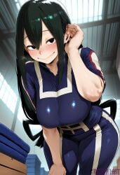 1girl adjusting_hair ai_generated asui_tsuyu black_eyes black_hair blush boku_no_hero_academia breasts closed_mouth green_hair hair_between_eyes hair_rings hair_tucking hand_in_own_hair hand_up indoors large_breasts leaning_forward long_hair looking_at_viewer low-tied_long_hair my_hero_academia pants reviaiart shirt smile solo sportswear standing thighs tsuyu_asui very_long_hair window