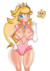 artist_request blonde_hair blue_eyes blush cameltoe cleavage crown female human mario_(series) nintendo nipples princess_peach smooth_skin star super_mario_bros. swimsuit white_background