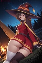 1girl ai_generated ass bandaged_leg bandages belt black_gloves black_legwear blush breasts cape dress fingerless_gloves from_behind gloves hat hi_res high_quality high_resolution kiraamane kono_subarashii_sekai_ni_shukufuku_wo! looking_at_viewer looking_back lying megumin night outdoors patreon patreon_username red_eyes seductive sexy short_hair single_thighhigh sky smile solo star_(sky) starry_sky thighhighs uncensored watermark witch_hat