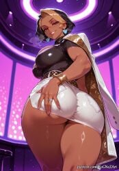 1girl 2026 ai_generated anime ass ass_grab blizzard_entertainment boobs bracelet breasts brown_eyes brown_hair buttocks cleavage crossover dark-skinned_female dark_skin domina domina_(overwatch) earrings eye_contact female female_focus fingernails from_behind from_below grabbing_own_ass hand_on_own_ass highres huge_breasts jacket jacket_on_shoulders jewelry large_breasts lips looking_at_viewer looking_back looking_down low_angle makeup mature_female nsfw overwatch patreon ring rognezart shiny shiny_skin short_hair skirt smile smiling solo sweat sweaty thick_thighs thighs white_skirt
