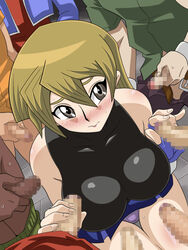 alexis_rhodes alexis_rhodes_(arc-v) bare_legs bare_shoulders belt black_eyes blonde_hair blue_gloves blue_skirt blush breasts censored closed_mouth dark-skinned_male dark_skin double_handjob embarrassed erection female fingerless_gloves from_above gangbang gloves hair_between_eyes handjob highres interracial kneeling large_breasts legs long_hair looking_at_another mosaic_censoring panties pantyshot penis shiny shiny_clothes skirt sleeveless sleeveless_turtleneck solo_focus standing straw_(yokubou_hiroba) sweat tenjouin_asuka thigh_gap thighs turtleneck underwear vest younger_male yu-gi-oh! yu-gi-oh!_arc-v yu-gi-oh!_gx