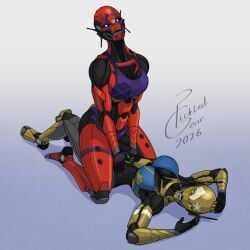 2girls bikini bikini_bottom bikini_top destiny_(game) destiny_2 eco female female/female female_only glowing_eyes gold_body guardian_(destiny) pickledgear red_body robot robot_girl robot_humanoid tagme titan_(destiny) warlock_(destiny) yuri