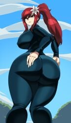 1girls ass ass_focus big_ass big_breasts bodysuit bottom_heavy breasts bubble_butt busty captain_kirb clothing erza_scarlet fairy_tail fat_ass female female_only gluteal_fold hands_on_ass hands_on_own_ass huge_ass large_ass large_breasts latex latex_clothing latex_suit looking_at_viewer looking_back low-angle_view massive_ass nipple_bulge outdoors png rear_view red_hair solo thick_ass thick_thighs thunder_thighs wide_hips
