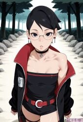 1girl ai_generated bare_shoulders belt black_choker black_eyes black_hair black_jacket black_shorts boruto boruto:_naruto_next_generations boruto:_two_blue_vortex breasts choker collarbone cowboy_shot earrings forest glasses jacket jewelry long_sleeves looking_at_viewer naruto naruto_(series) naruto_shippuden nature off_shoulder open_clothes open_jacket outdoors parted_lips red_belt reviaiart rimless_eyewear round_eyewear sarada_uchiha short_hair short_shorts shorts small_breasts solo standing strapless swept_bangs thigh_strap tree