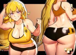 1girls ass ass_focus biyo blonde_female blonde_hair clothed_female gym_clothes gym_shorts gym_uniform long_hair long_hair_female purple_eyes rwby solo_female yang_xiao_long