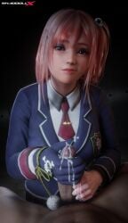 1boy 1girls 3d 3d_(artwork) 3d_artwork 3d_model 3d_render cum dead_or_alive fighting_game gloved_handjob handjob high_quality high_resolution highres honoka_(doa) japanese_female long_hair pink_hair pubes red_eyes semen shaddoll_x