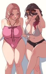 2girls :d adjusting_eyewear bikini black_bikini black_hair blue_eyes blush breasts brown_hair bulge cleavage commentary_request crossed_legs earrings erection erection_under_clothes eyewear_on_head feet_out_of_frame futa_with_futa futanari grey_bikini highres jewelry large_breasts makeup mismatched_bikini multiple_girls one-piece_swimsuit open_mouth original pink_nails pink_one-piece_swimsuit purple_nails red_eyes smile swimsuit teardrop_earrings yana_(nekoarashi)