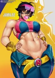 1girls 2026 2d 2d_(artwork) 2d_artwork abdomen abs asian asian_female belt belt_buckle biceps big_breasts blowing_bubble_gum buckle character_name chewing_gum crop_top eyewear_on_head hand_on_hip hand_on_own_hip hands_on_hips hands_on_own_hips jebjebbz jubilee jubilee_(marvel_rivals) light-skinned_female light_skin looking_at_viewer marvel marvel_comics marvel_rivals muscular muscular_female mutant_(marvel) navel no_panties opaque_sunglasses open_fly pink-tinted_eyewear pussy pussy_peek pussy_slip pussy_visible_through_clothes solo stomach tinted_eyewear video_games yellow_belt yellow_eyes