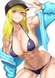 1girls abs absurd_res biceps bikini black_bikini blonde_hair blush hi_res kiteno_kiten muscular muscular_female original simple_background smile solo swimsuit white_background yellow_eyes